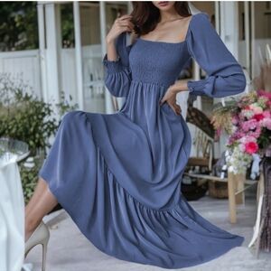 Anna-Kaci Square Neck Shirred Ruffle Hem Maxi Dress New XL